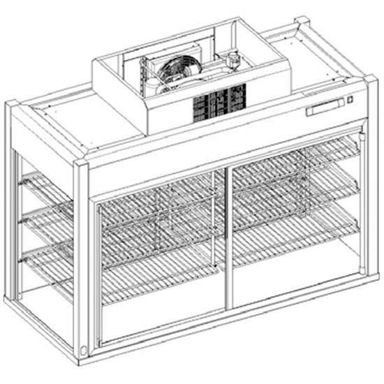 Kühlvitrine mit 3 Ebenen, Kundenseite mit Klappen, ohne Boden, B=2000 mm