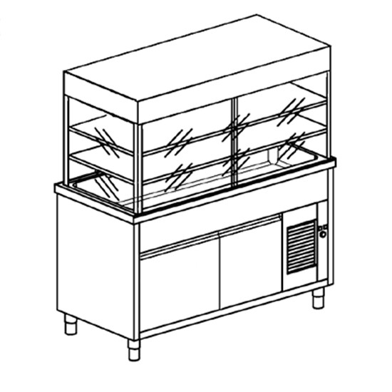 Kühlvitrinen-Element mit Kühlwanne auf gekühltem Schrank, B=1500 mm, 4x GN 1/1